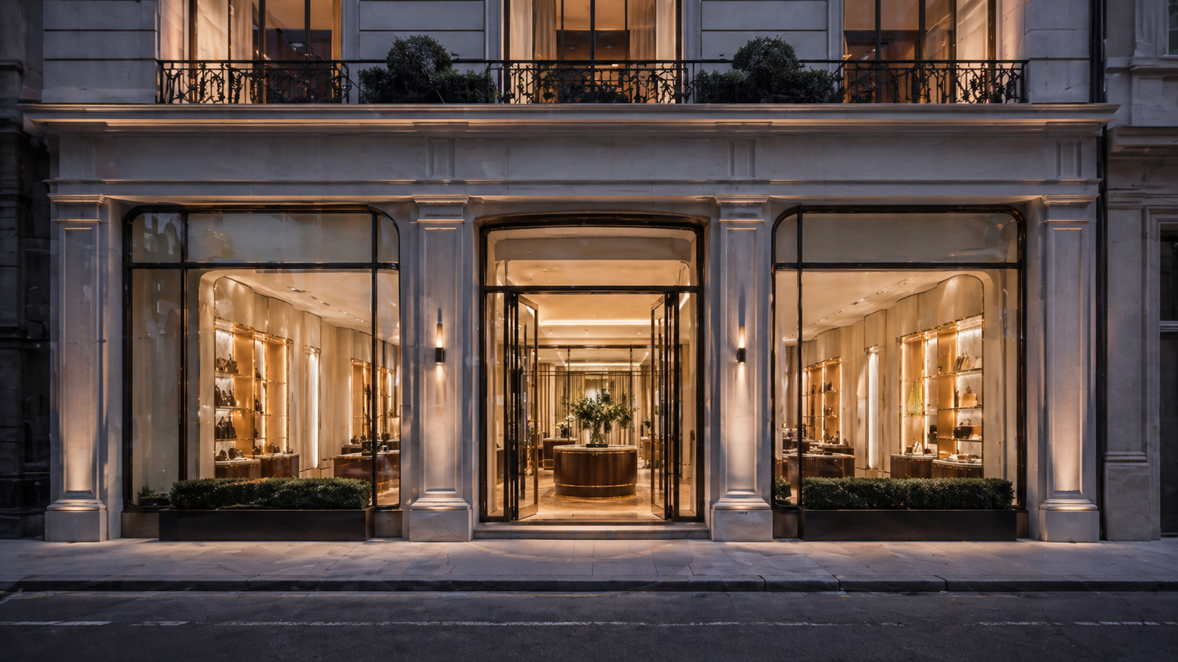 Elegant luxury storefront with warm interior glow